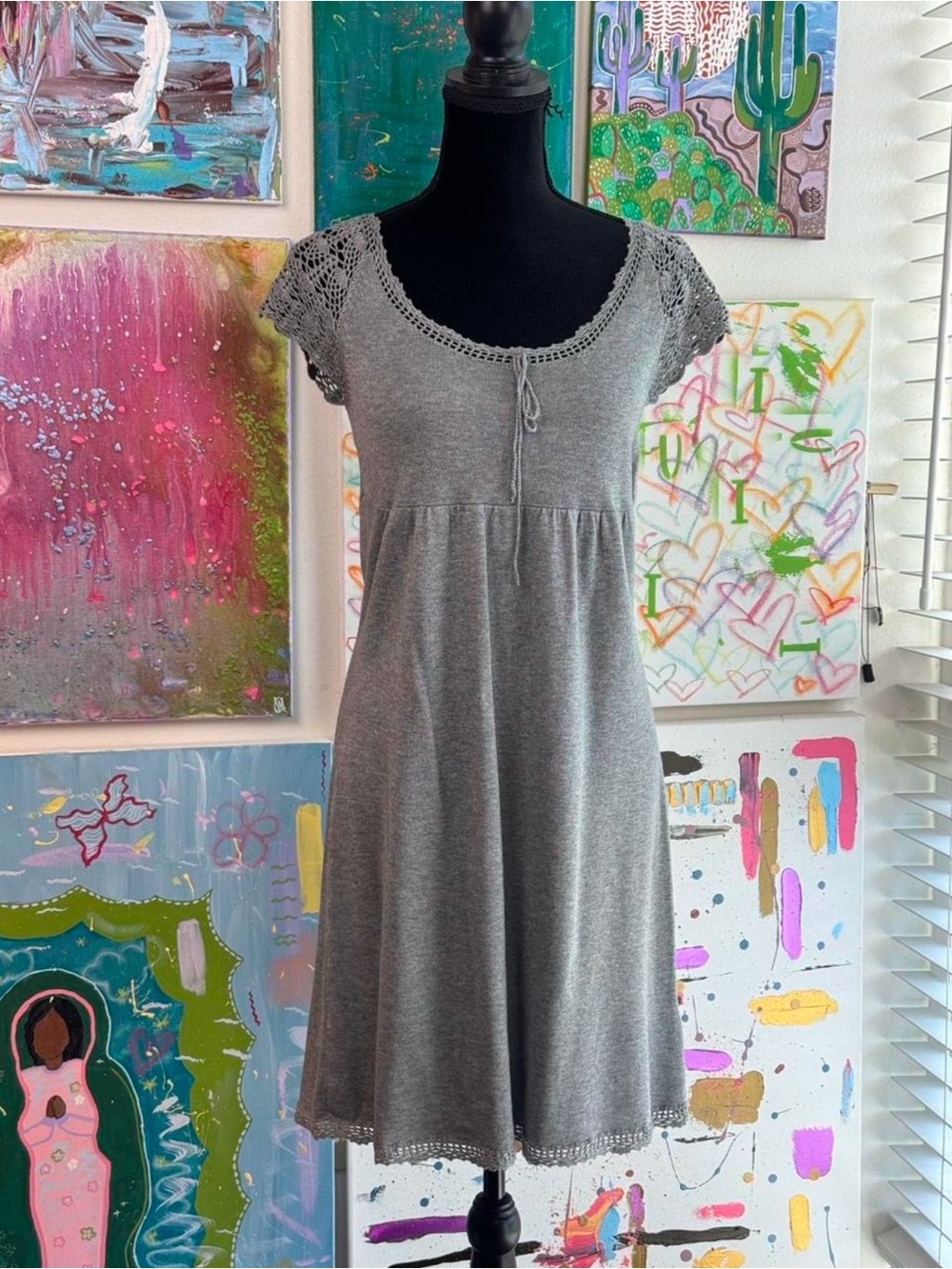 Heather Gray Babydoll Knit Dress with Crochet Trimmed